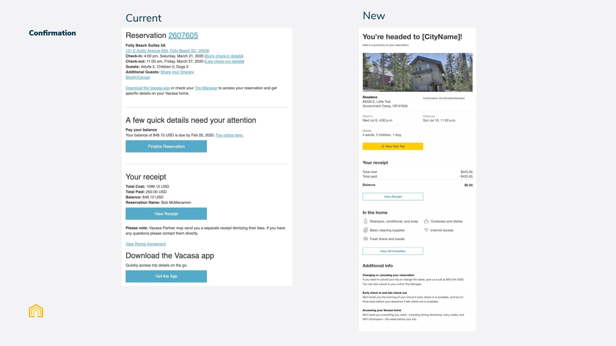 A screenshot of the old confirmation email vs. the new