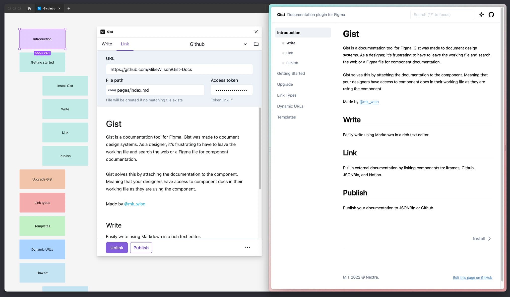 A Figma frame titled 'Introduction' being edited with the Gist plugin, mirrored live on a published doc site