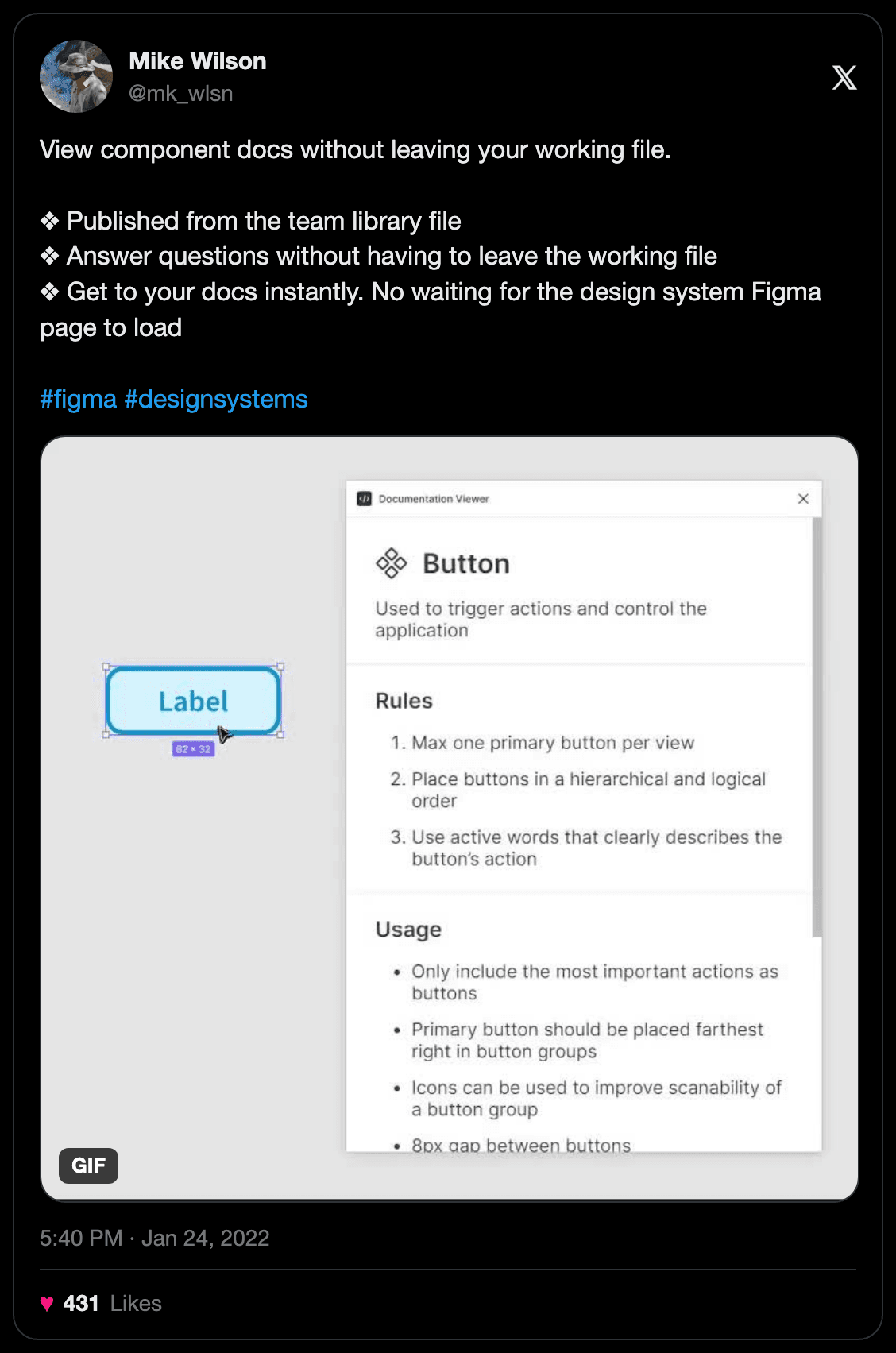 The first tweet from @mk_wlsn pitching Gist: 'View component docs without leaving your working file' — with a demo GIF and 431 likes