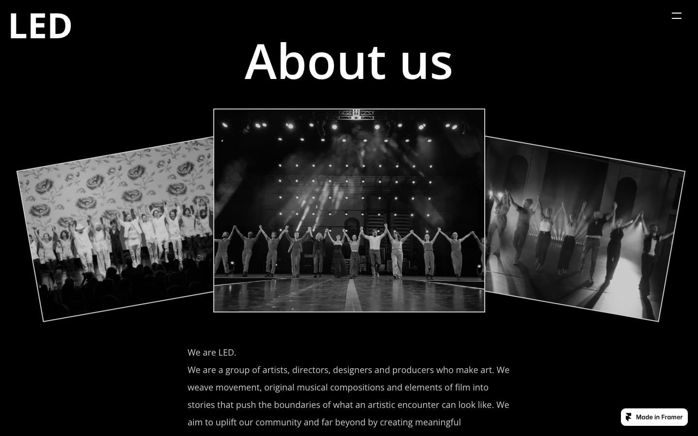 About us page — a fanned stack of black and white performance photos