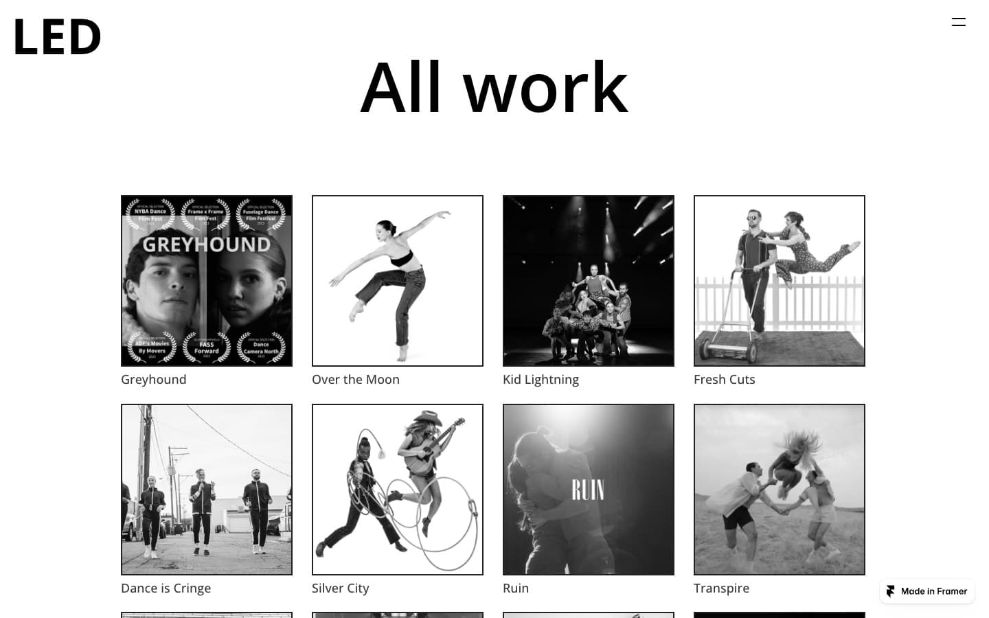 All work page — an archive grid of twenty-one LED shows and films