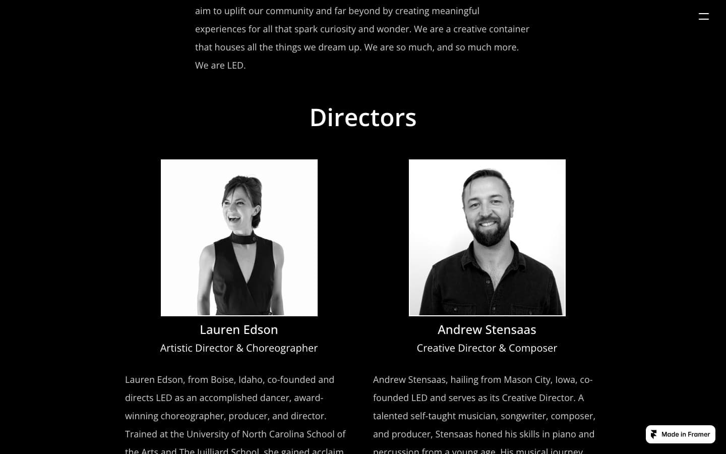 Directors section with portraits of Lauren Edson and Andrew Stensaas