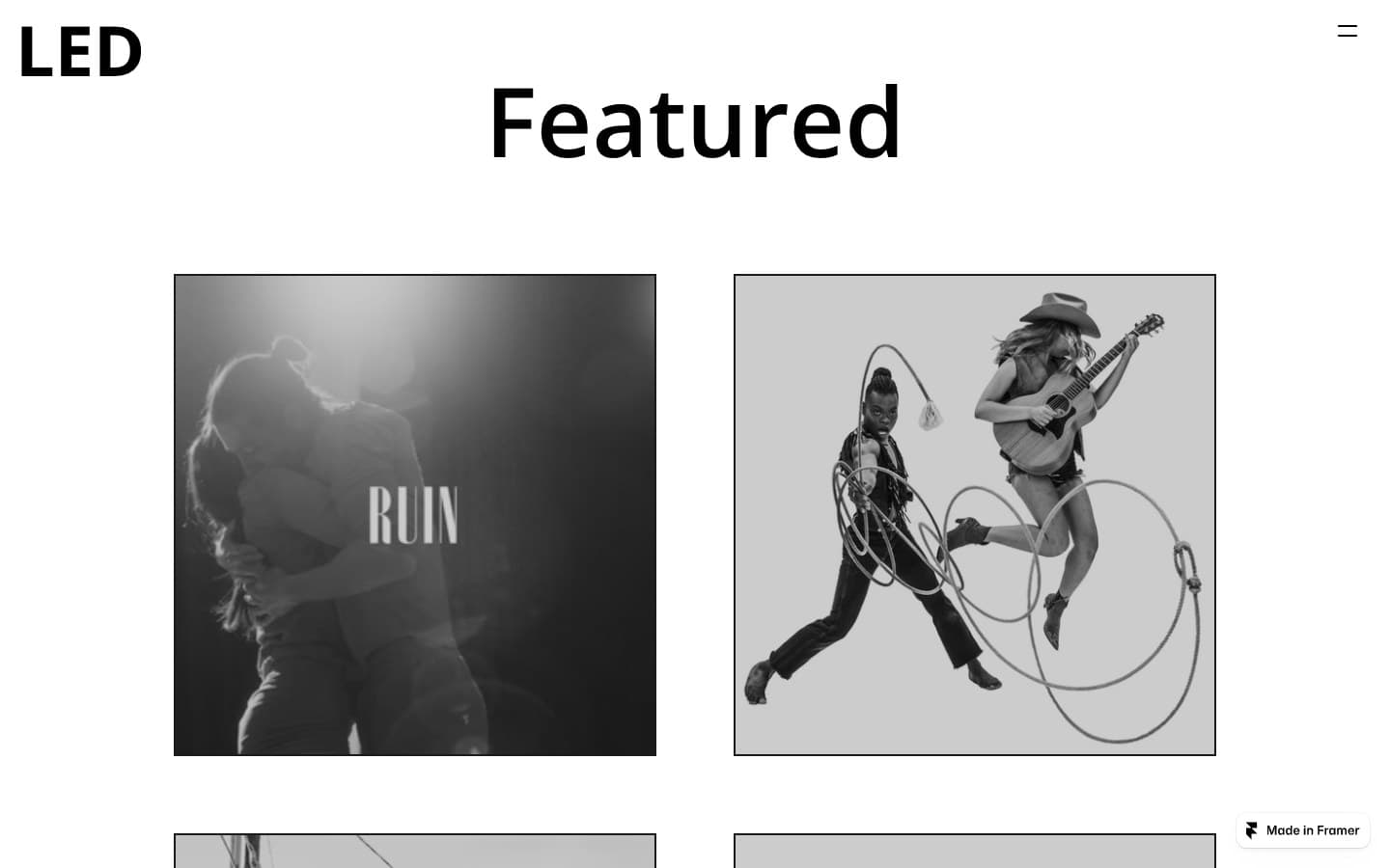 Featured work page — a grid of films and performances including RUIN and GREYHOUND
