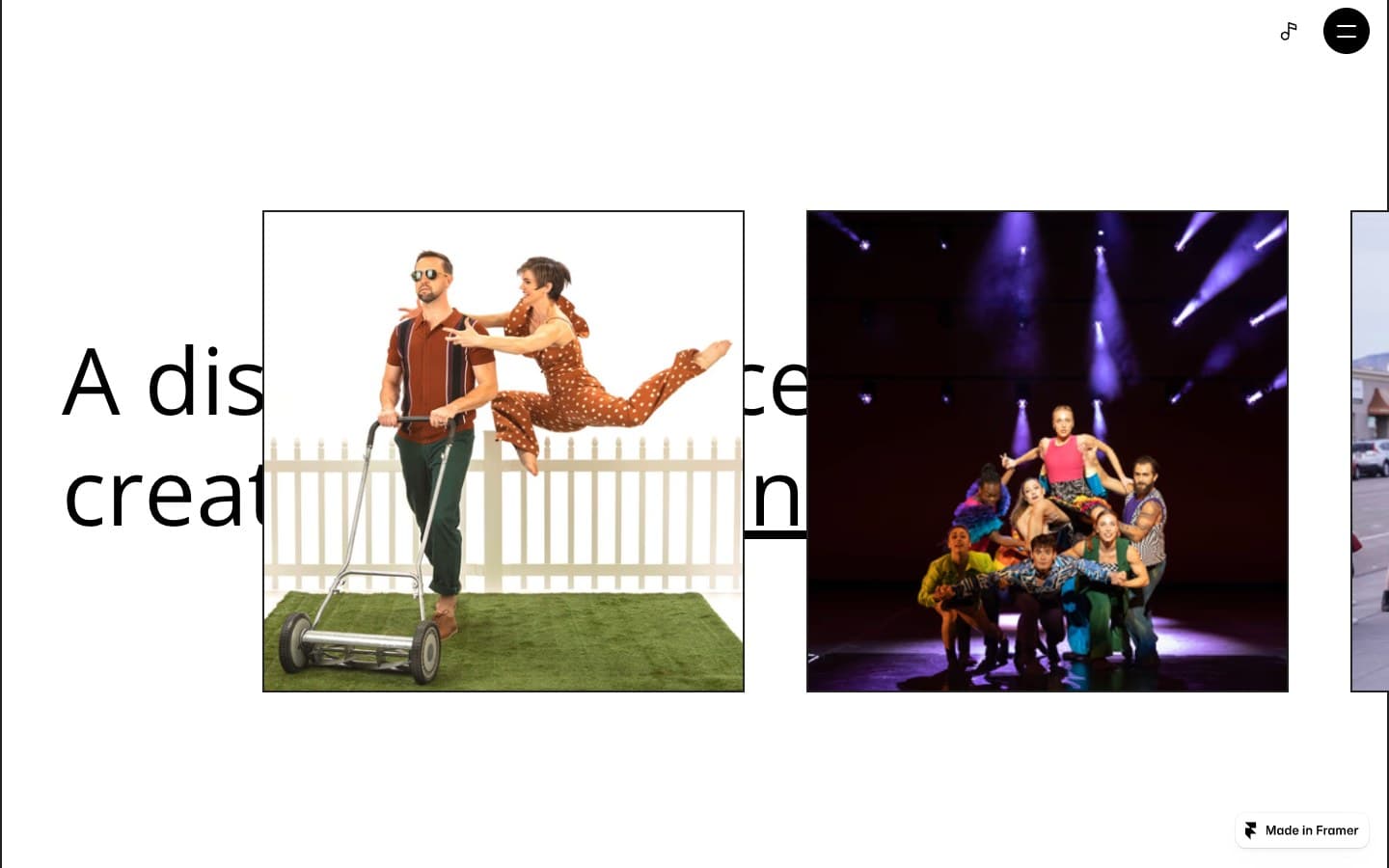 White section reading 'A disruptive force for creative experience' beside a marquee of performance photos