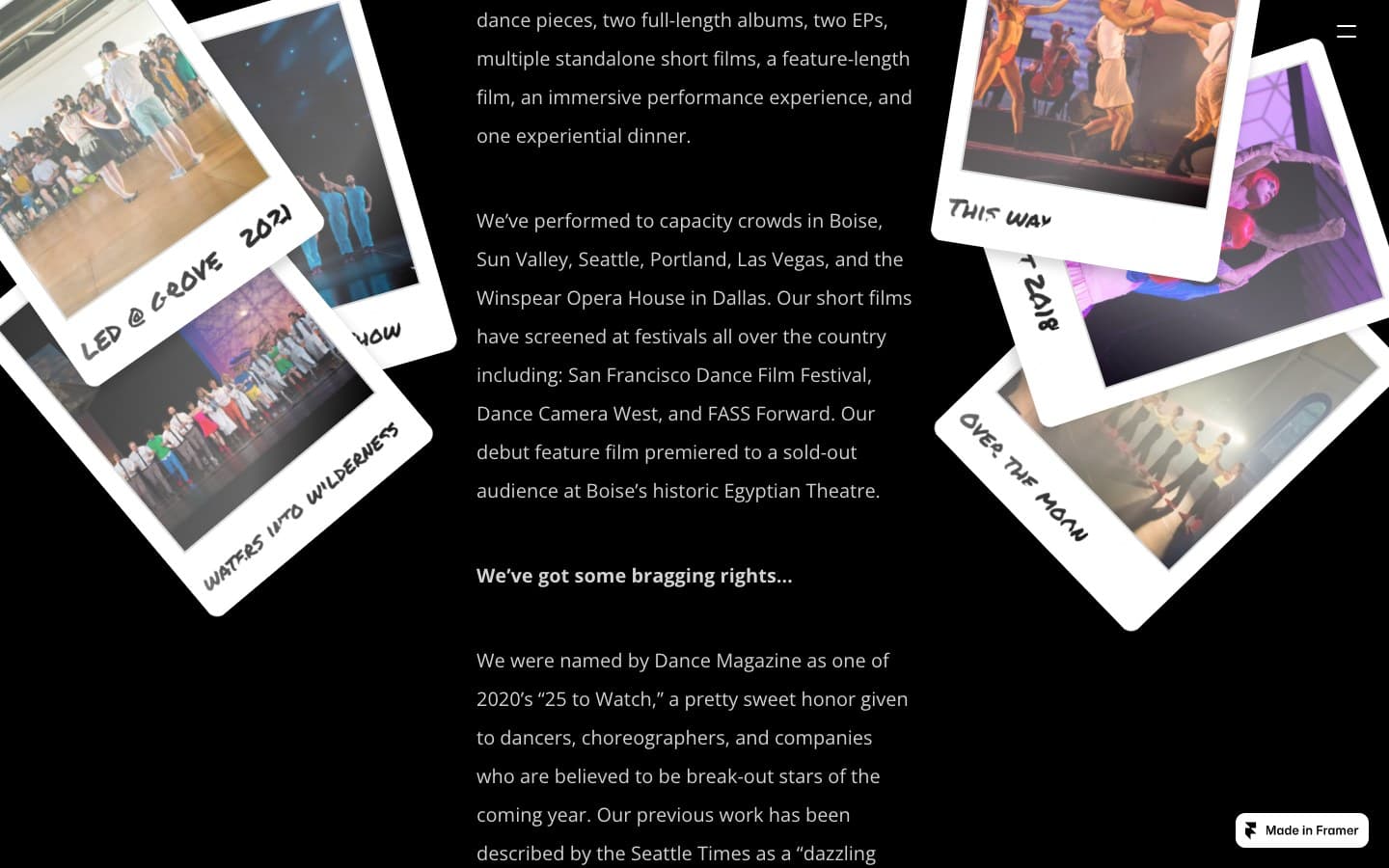 Our story page — a scrapbook of hand-labeled polaroids from LED's first eight years