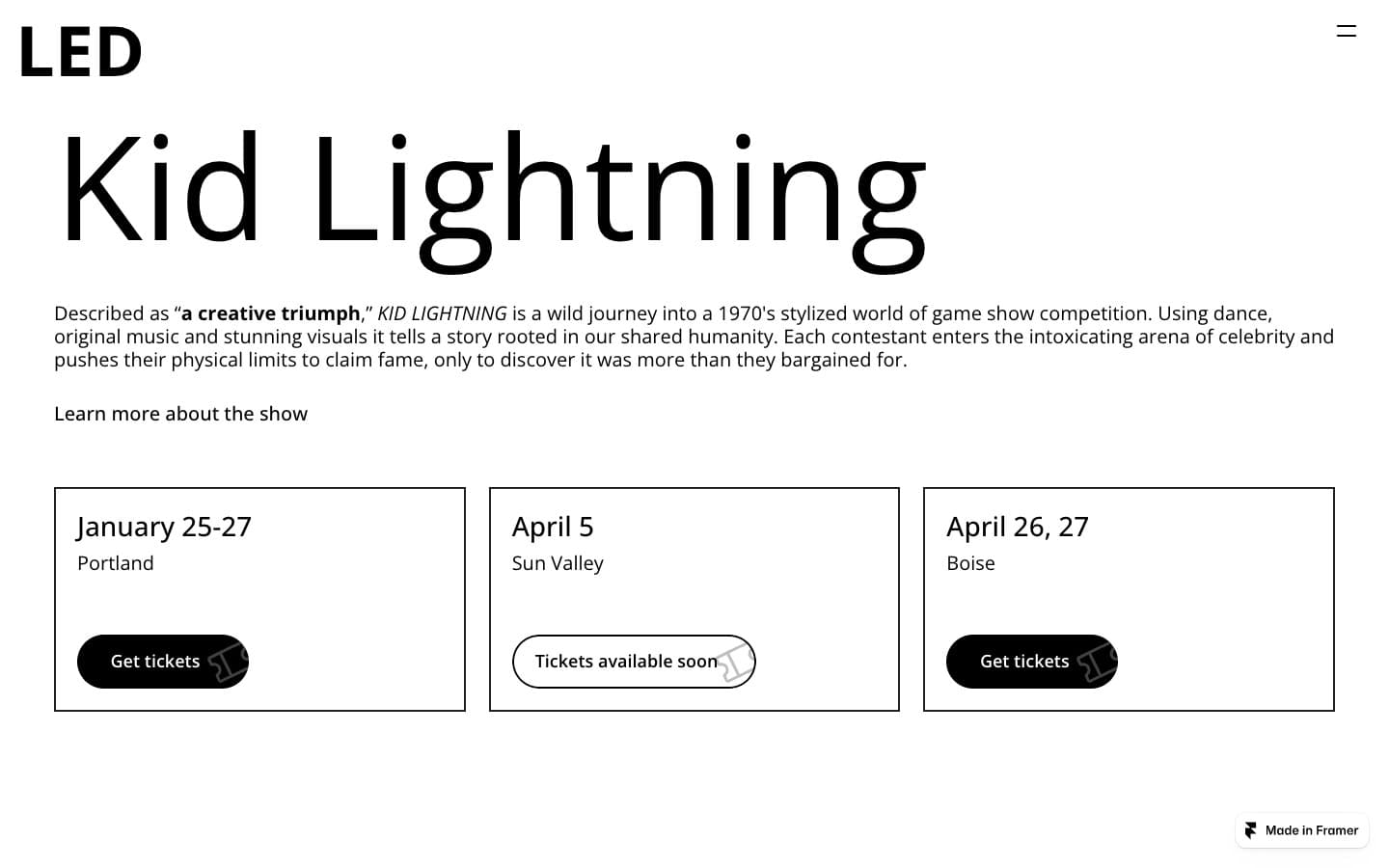 Upcoming page for Kid Lightning with tour dates in Portland, Sun Valley, and Boise