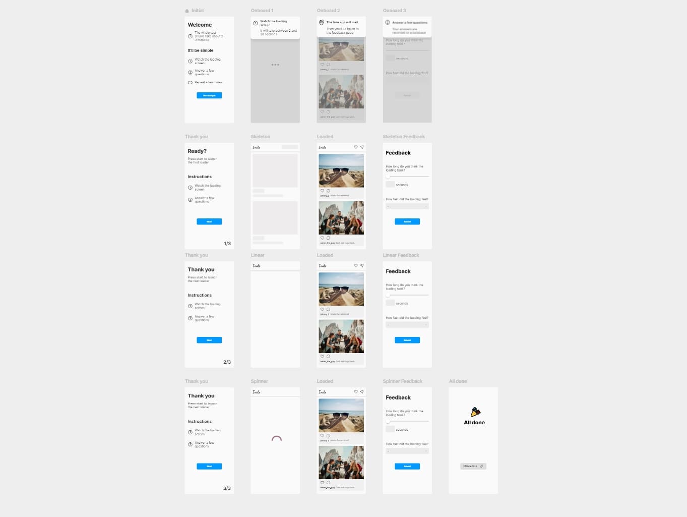 Loader research frames arranged within Framer