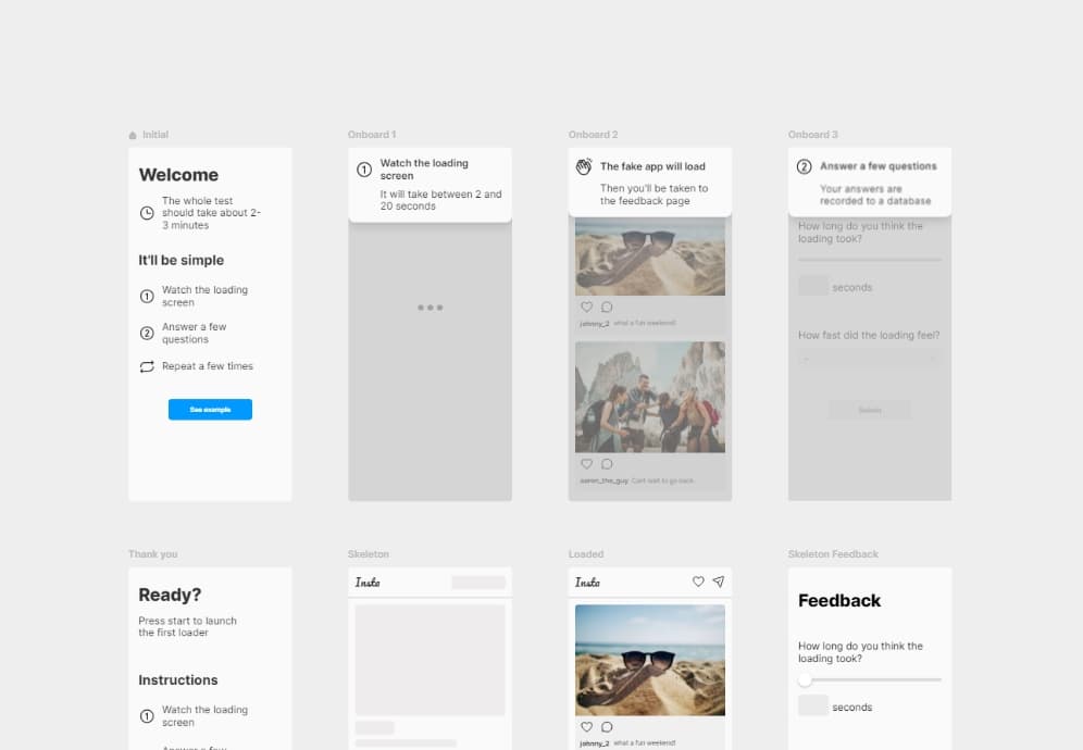 Loader test screens laid out in Framer